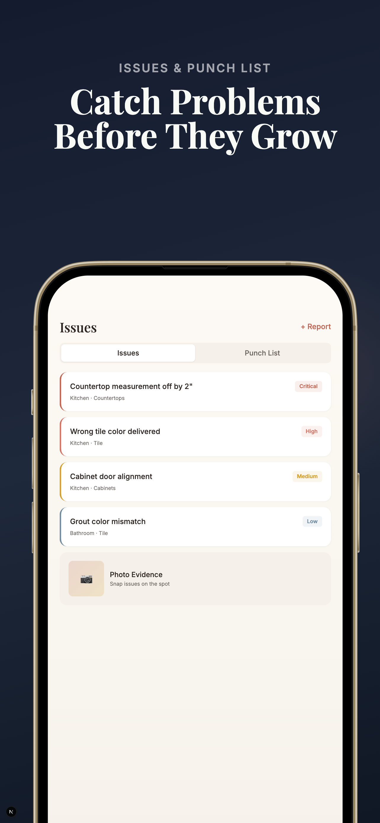 Issues and punch list with severity tags and status indicators
