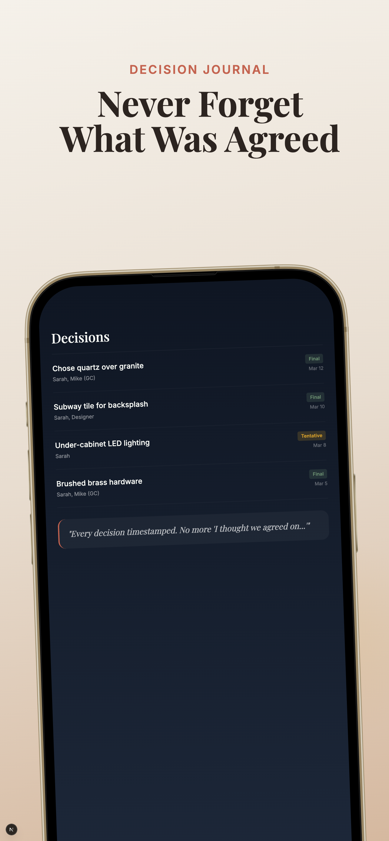 Decision journal with timestamped entries, cost impacts, and participants