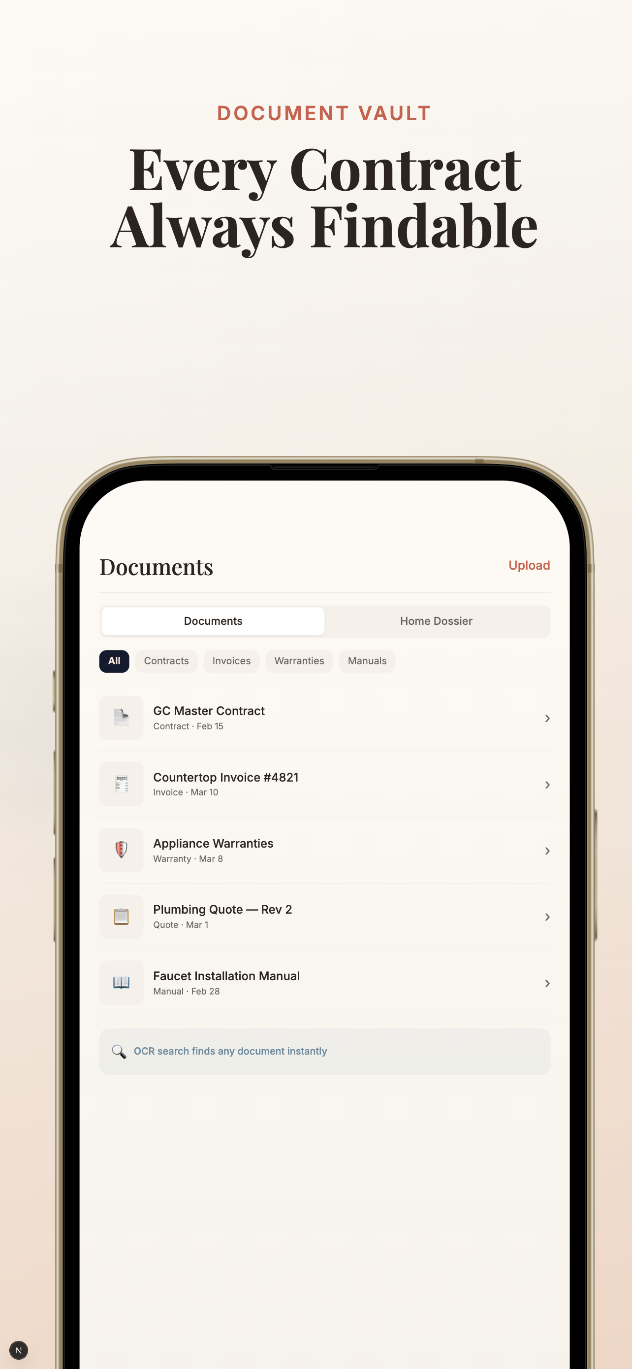 Document vault with organized contracts, invoices, and warranties